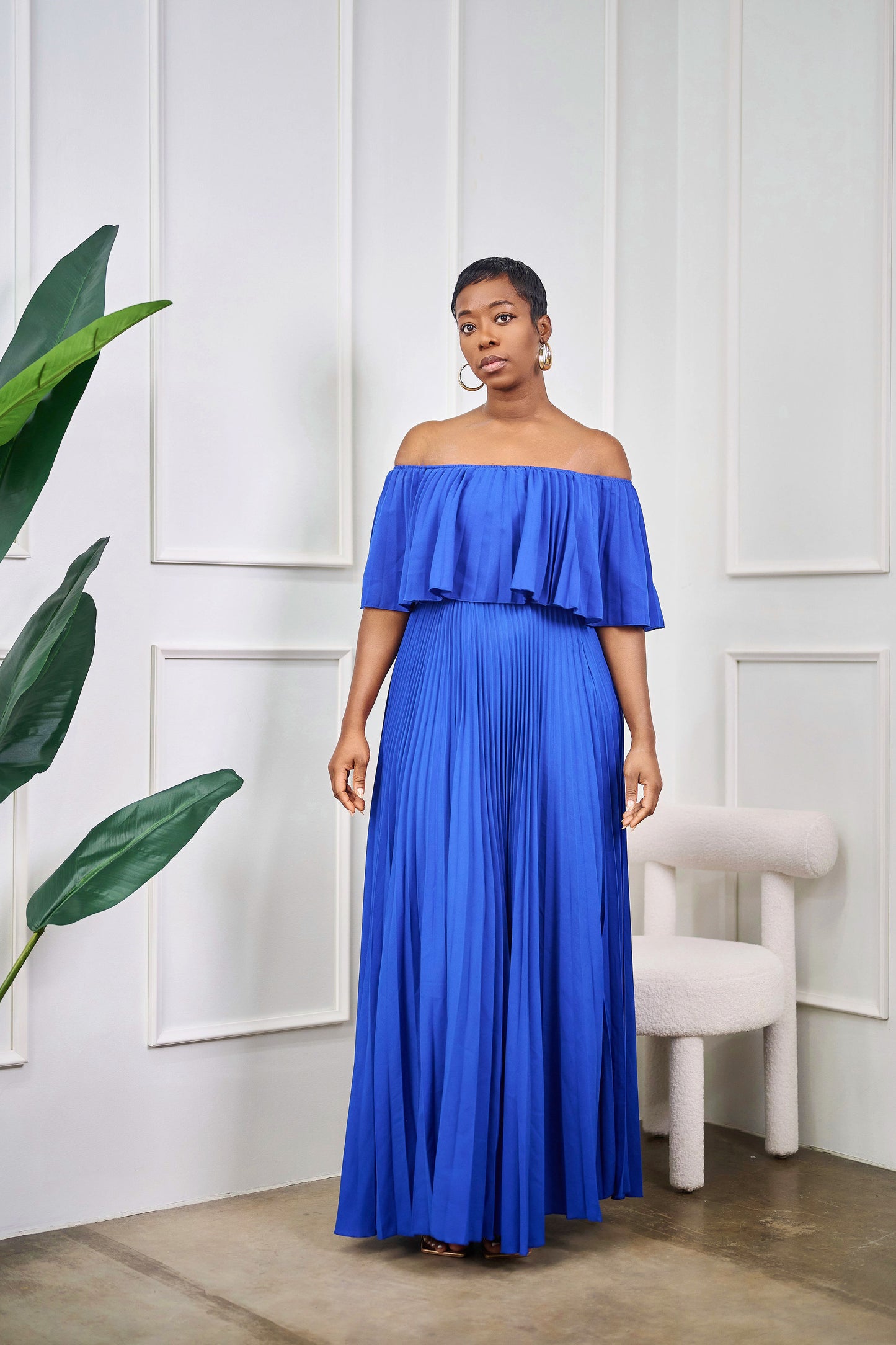 Nneka Maxi Length Off Shoulder Dress with Pleats
