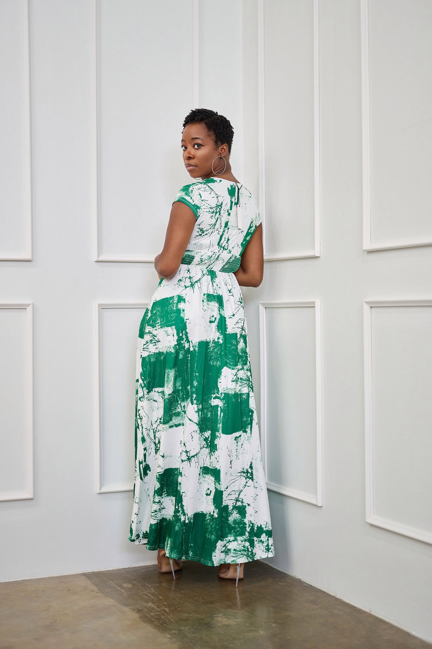Sonma Green Graffiti Short Sleeve Maxi Dress with Slit