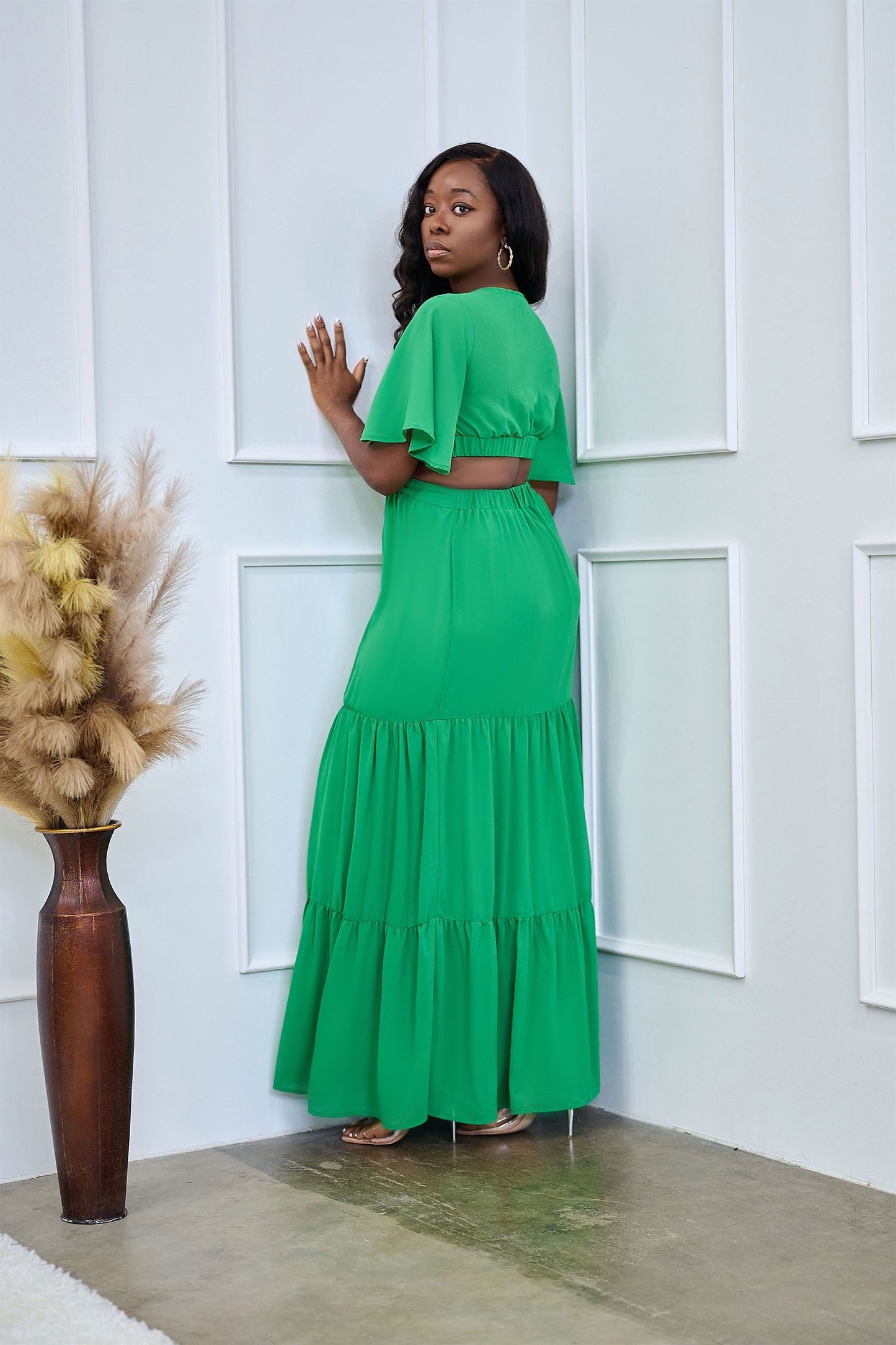 Dara Green Flutter Sleeve Maxi Dress with Cutouts