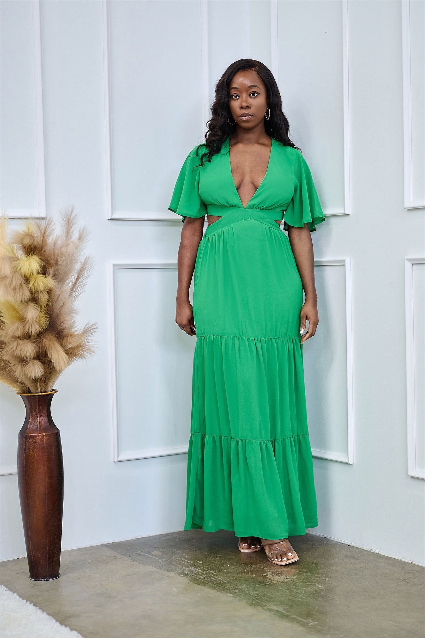 Dara Green Flutter Sleeve Maxi Dress with Cutouts