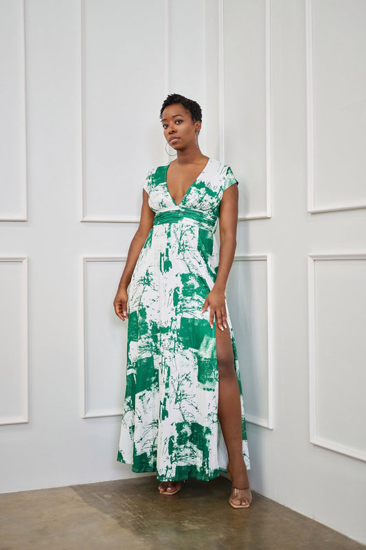 Sonma Green Graffiti Short Sleeve Maxi Dress with Slit